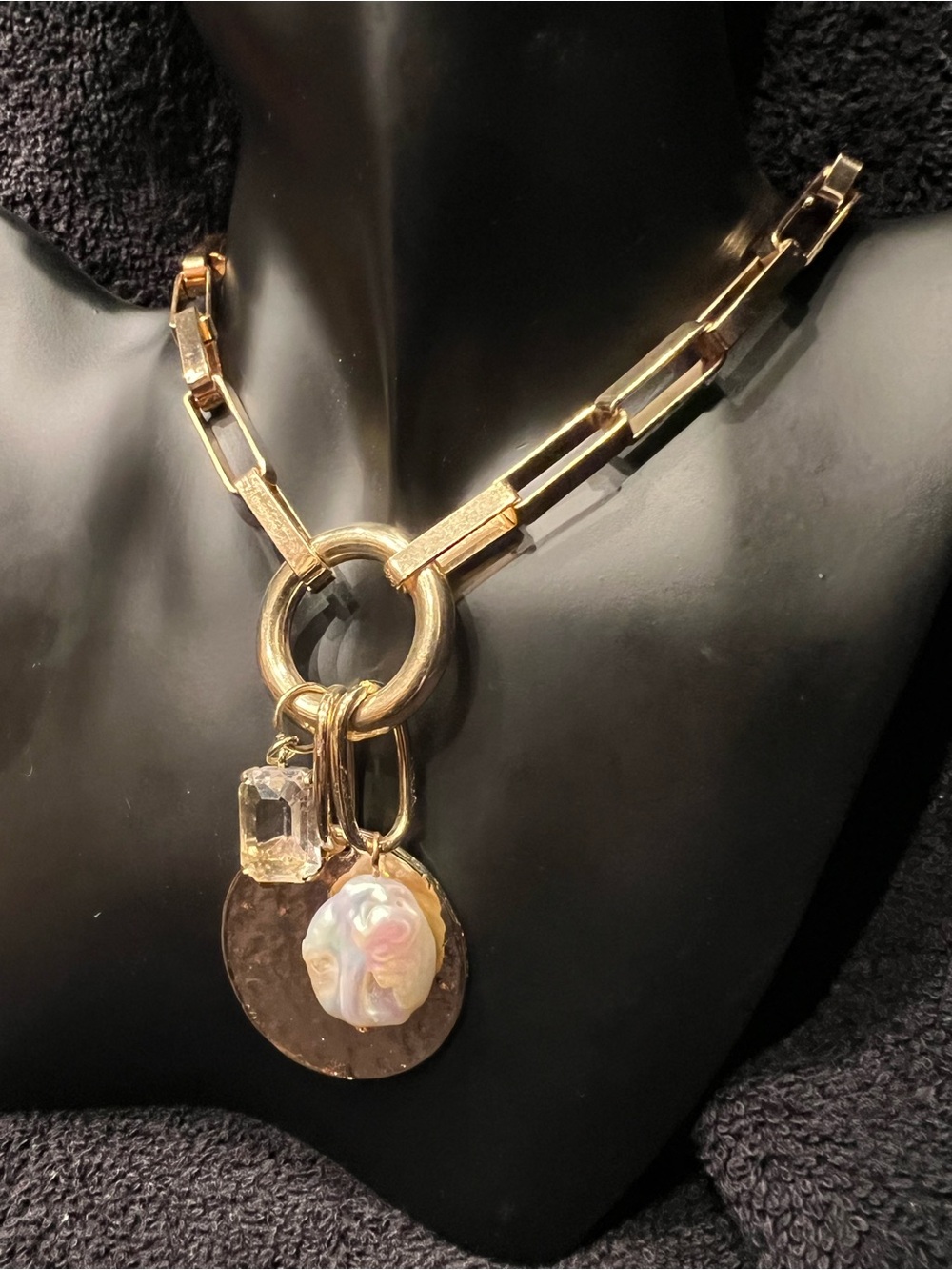 Devon Leigh Gold Link Necklace with Iridescent Pearl and Crystal Charms